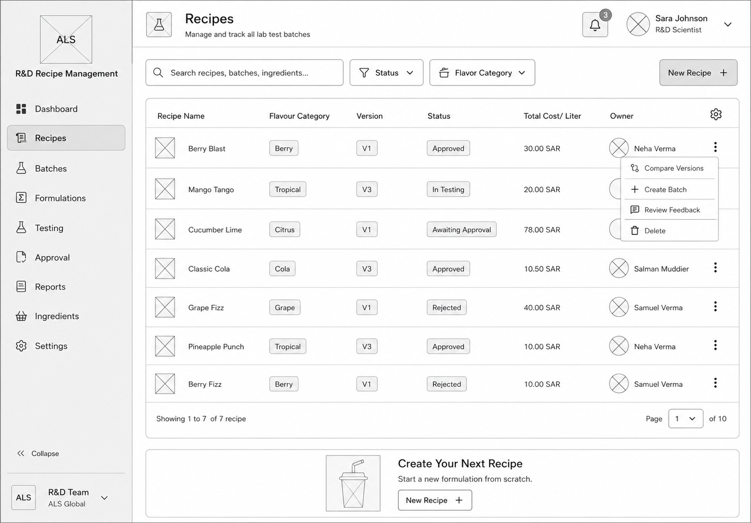 Low fidelity wireframe of the Sales screen