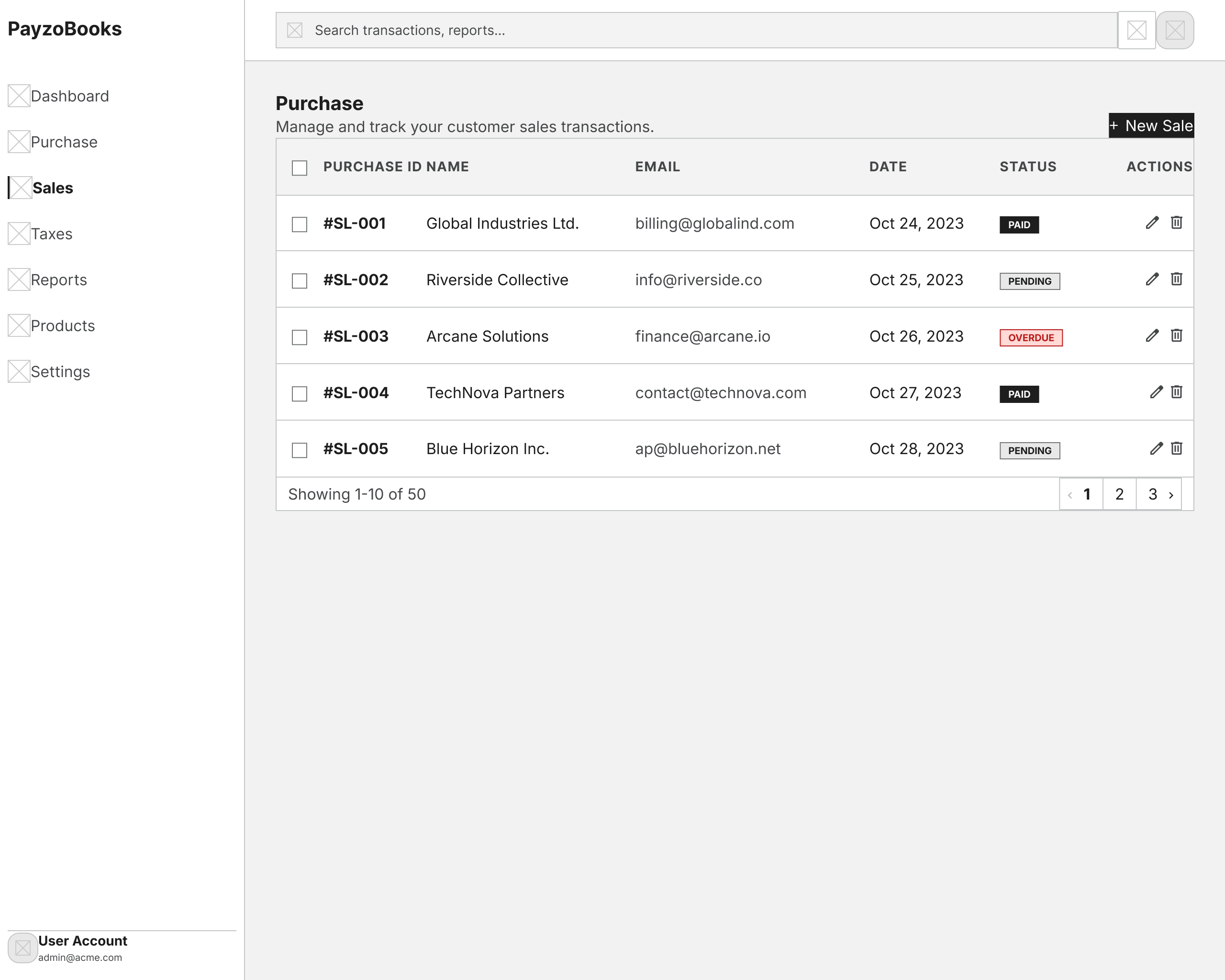 Low fidelity wireframe of Create Invoice screen