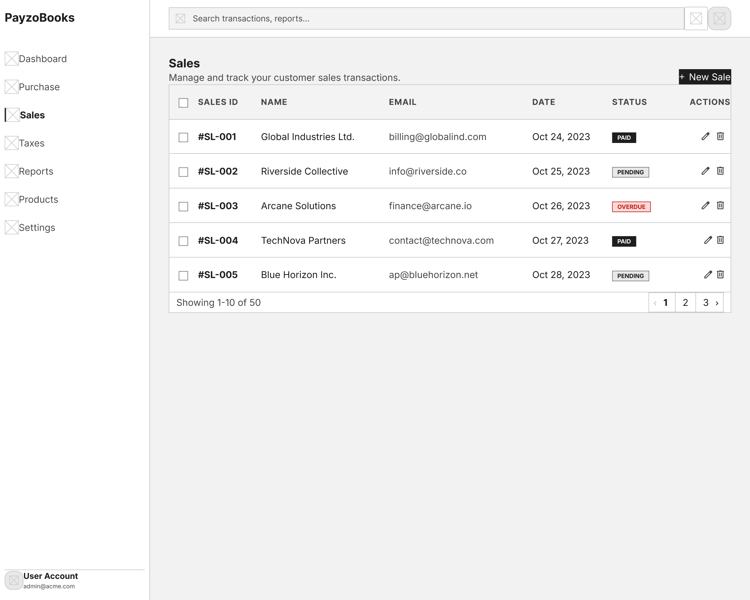 Low fidelity wireframe of the Sales screen