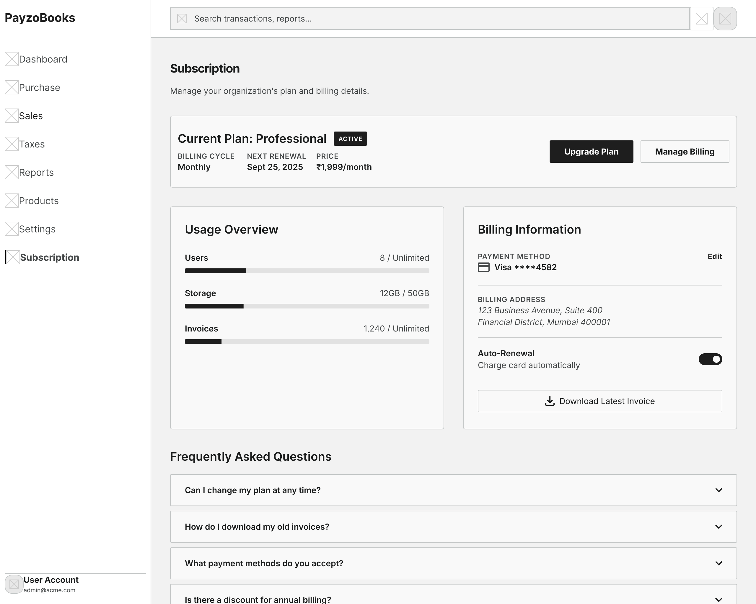 Low fidelity wireframe of Subscription screen